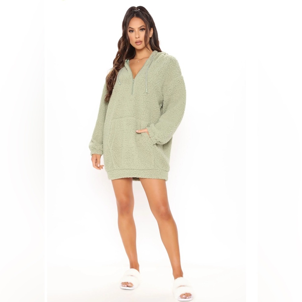 Fashion Nova Avoiding Responsibilities Fuzzy Mini Dress | Size Small | Sage
